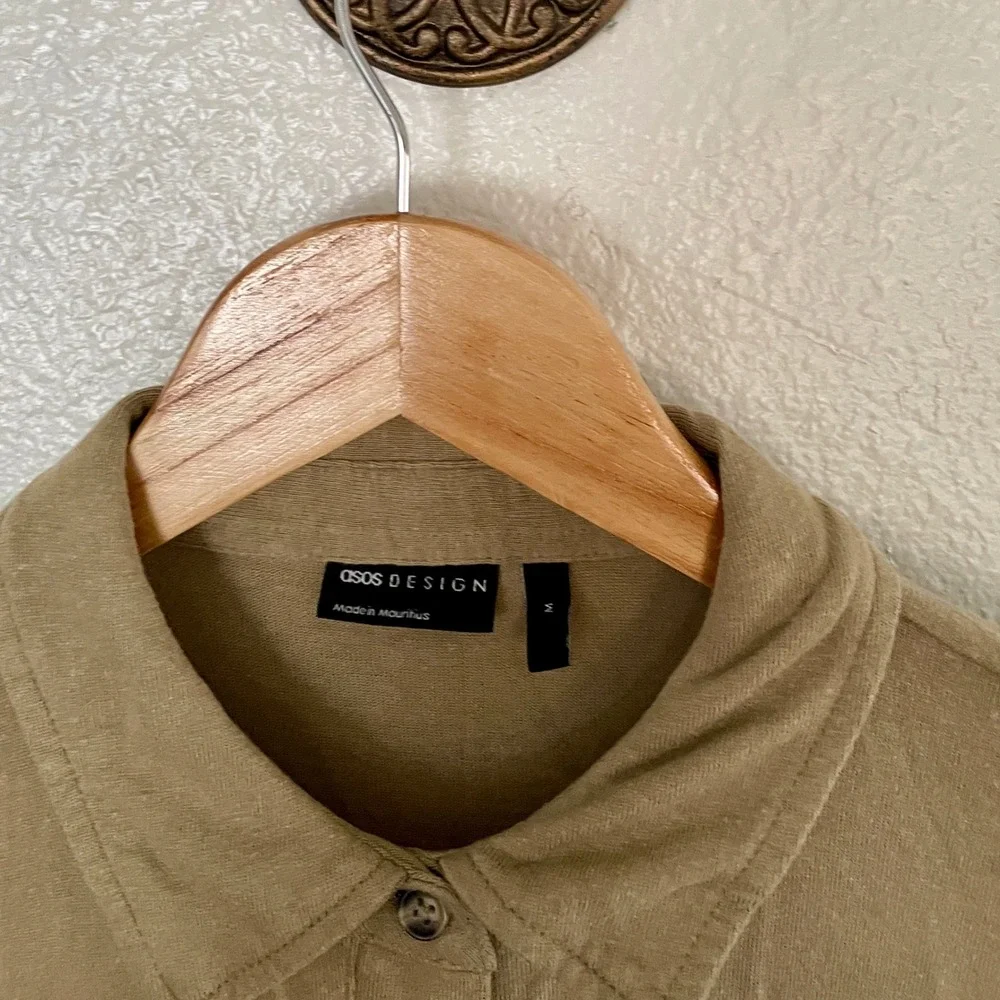 ASOS DESIGN Mens Short Sleeve Linen Blend Button Up Shirt Tan Khaki Size M‎